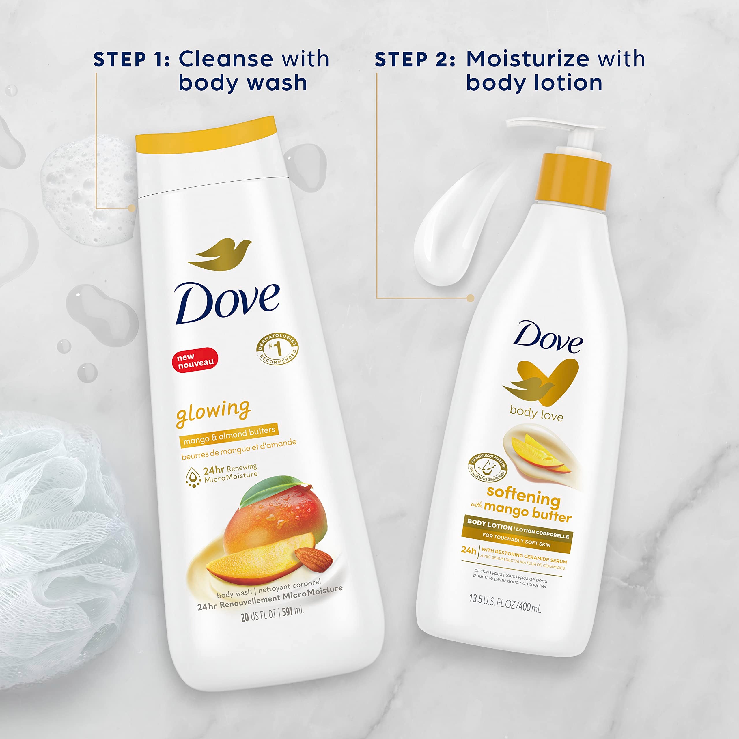 Dove Body Love Glowing Care Body Lotion For Soft, Nourishing Skin Care Mango & Almond Butter Hydrates and Absorbs Quickly, White, 13.5 Oz, 3 Count